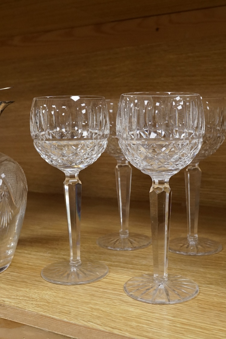 A Waterford cut glass decanter, glasses and an 800 standard mounted claret jug, claret jug 22cm high